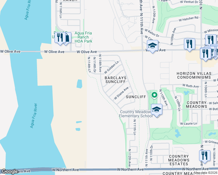 map of restaurants, bars, coffee shops, grocery stores, and more near 11342 W Barbara Ave in Peoria
