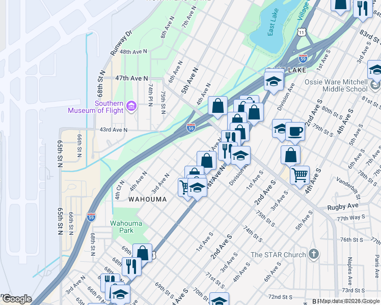 map of restaurants, bars, coffee shops, grocery stores, and more near 225 75th Street North in Birmingham