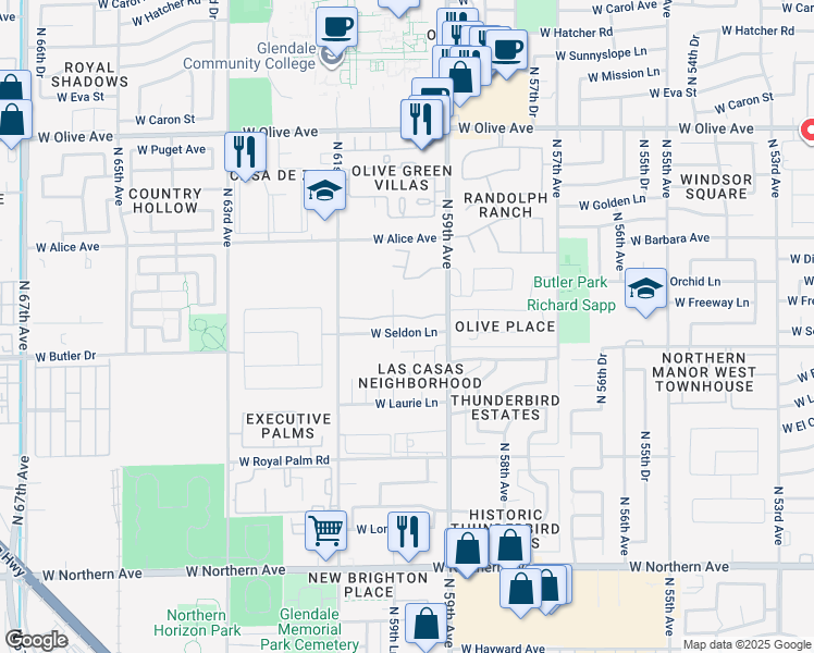 map of restaurants, bars, coffee shops, grocery stores, and more near 5936 West Seldon Lane in Glendale