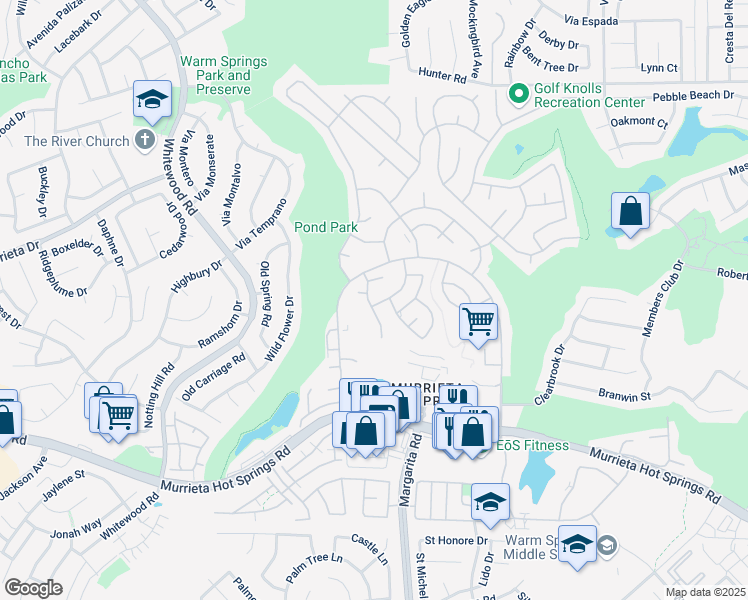 map of restaurants, bars, coffee shops, grocery stores, and more near 38540 Calle De La Siesta in Murrieta