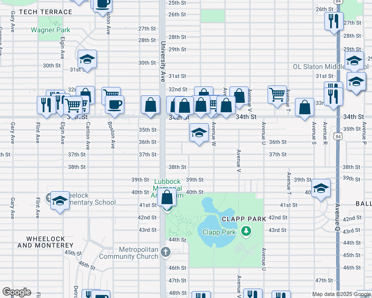 map of restaurants, bars, coffee shops, grocery stores, and more near 2315 36th Street in Lubbock