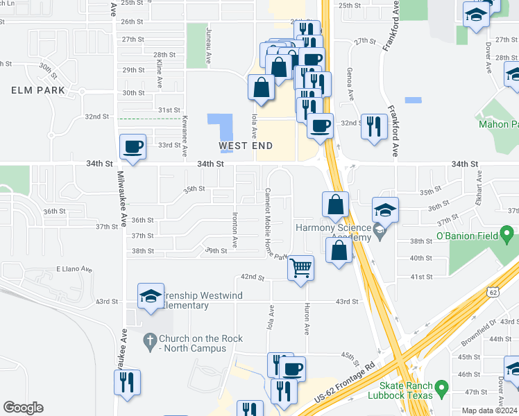 map of restaurants, bars, coffee shops, grocery stores, and more near 6101 36th Street in Lubbock