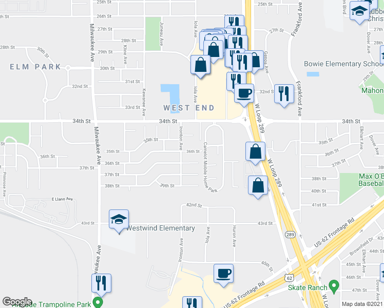 map of restaurants, bars, coffee shops, grocery stores, and more near 6109 36th Street in Lubbock