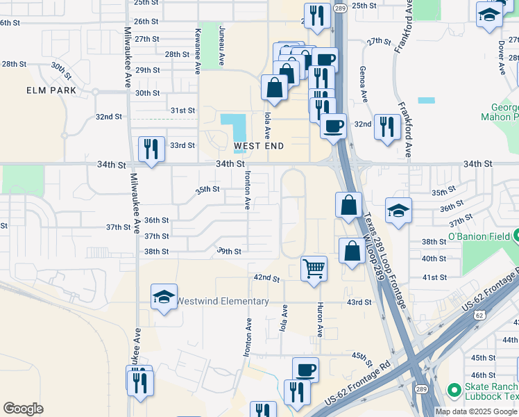 map of restaurants, bars, coffee shops, grocery stores, and more near 6109 36th Street in Lubbock