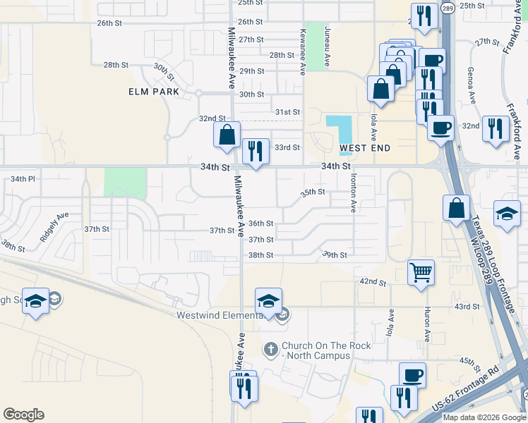 map of restaurants, bars, coffee shops, grocery stores, and more near 6409 35th Street in Lubbock