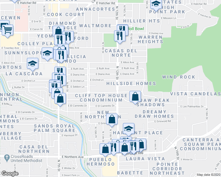 map of restaurants, bars, coffee shops, grocery stores, and more near 1130 East Butler Drive in Phoenix