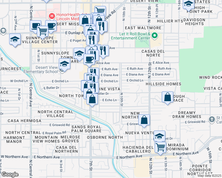 map of restaurants, bars, coffee shops, grocery stores, and more near 837 East Seldon Lane in Phoenix