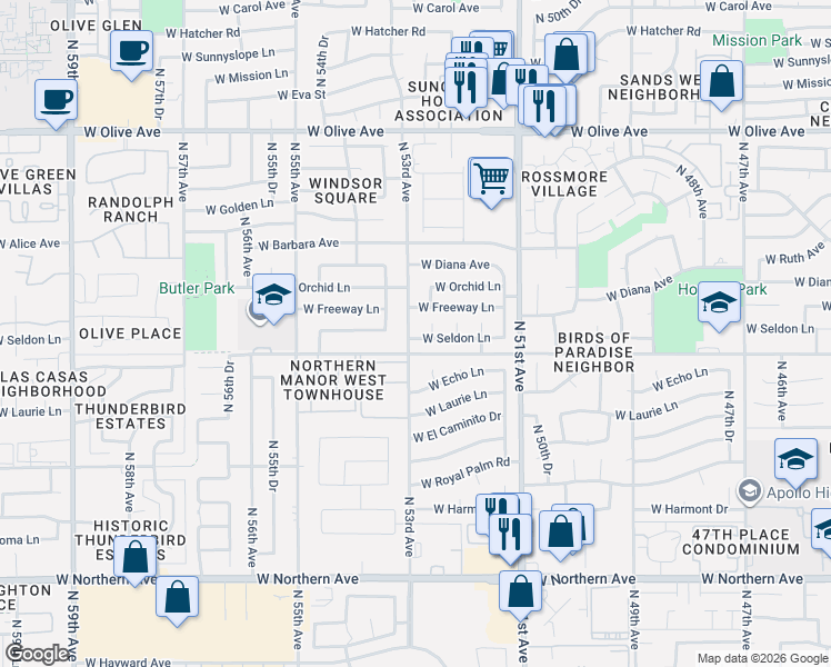 map of restaurants, bars, coffee shops, grocery stores, and more near 8513 North 53rd Avenue in Glendale