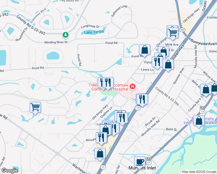 map of restaurants, bars, coffee shops, grocery stores, and more near 4409 Riverwood Drive in Murrells Inlet