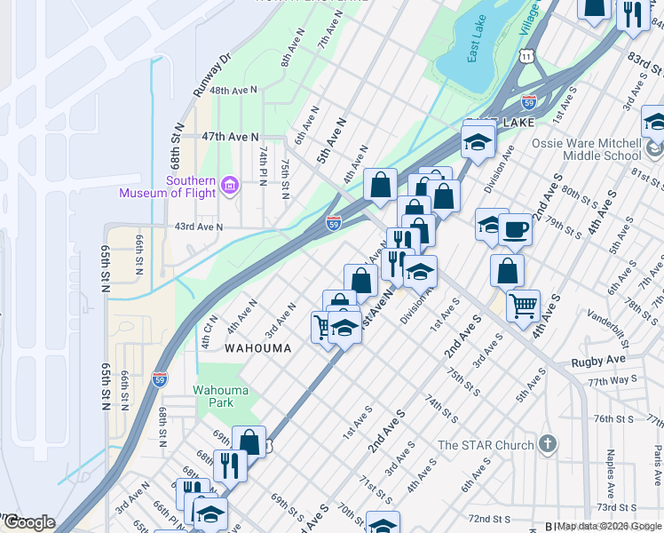 map of restaurants, bars, coffee shops, grocery stores, and more near 225 75th Street North in Birmingham