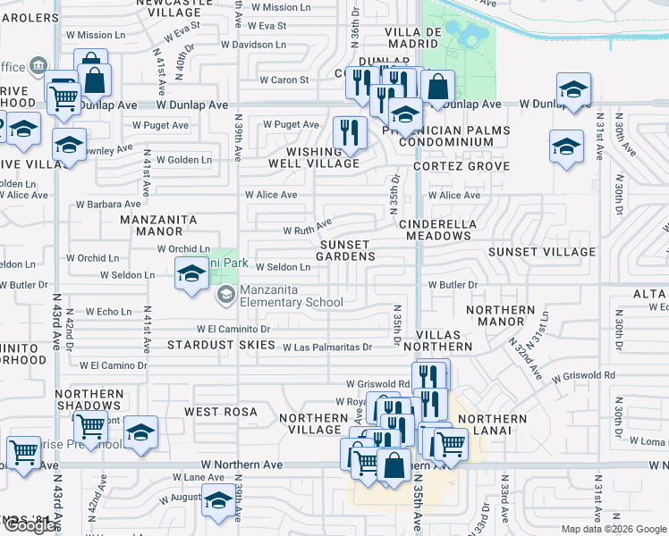 map of restaurants, bars, coffee shops, grocery stores, and more near 8513 North 37th Avenue in Phoenix
