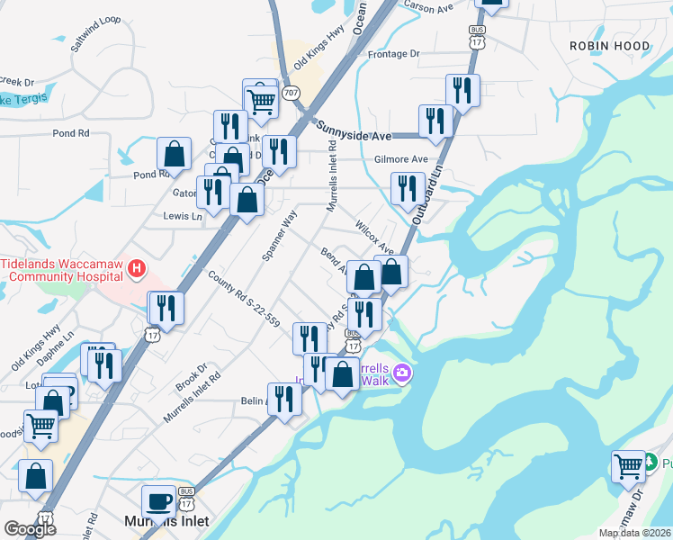 map of restaurants, bars, coffee shops, grocery stores, and more near 551 Bend Avenue in Murrells Inlet
