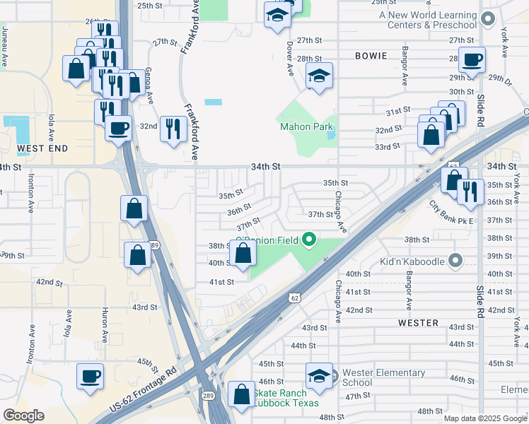 map of restaurants, bars, coffee shops, grocery stores, and more near 5706 37th St in Lubbock