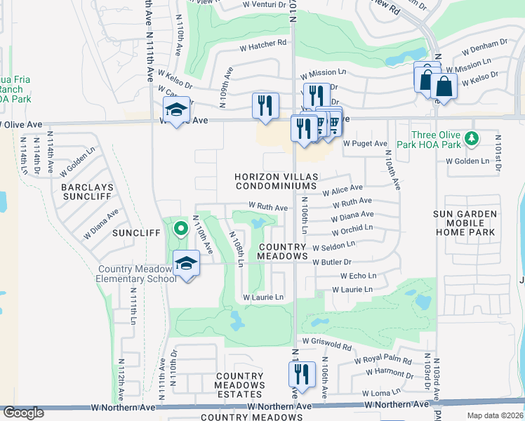 map of restaurants, bars, coffee shops, grocery stores, and more near 10745 West Ruth Avenue in Peoria