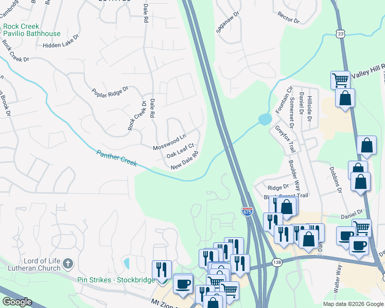 map of restaurants, bars, coffee shops, grocery stores, and more near 7192 New Dale Road in Rex