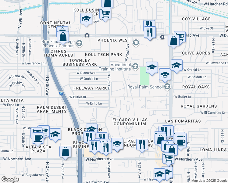 map of restaurants, bars, coffee shops, grocery stores, and more near 8530 North 22nd Avenue in Phoenix