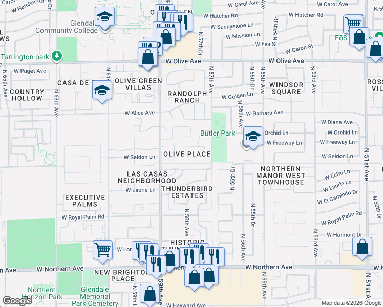 map of restaurants, bars, coffee shops, grocery stores, and more near 5766 West Seldon Lane in Glendale