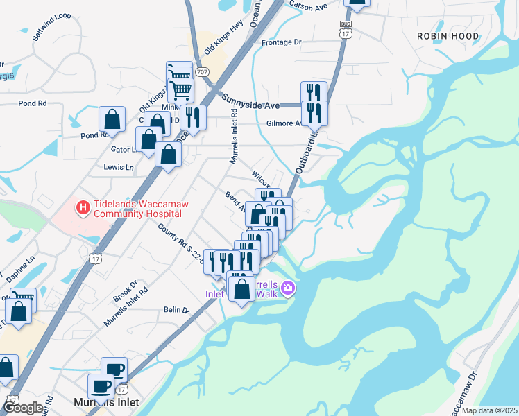 map of restaurants, bars, coffee shops, grocery stores, and more near 491 Greenbriar Lane in Murrells Inlet