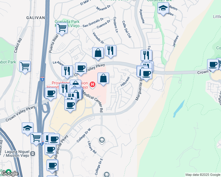 map of restaurants, bars, coffee shops, grocery stores, and more near 27671 Aquamarine in Mission Viejo