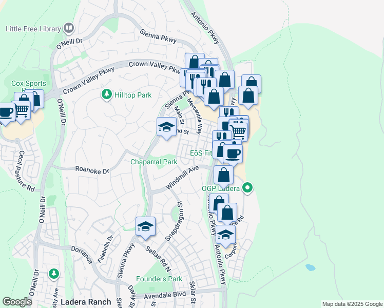 map of restaurants, bars, coffee shops, grocery stores, and more near 81 Mercantile Way in Ladera Ranch