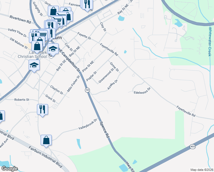 map of restaurants, bars, coffee shops, grocery stores, and more near 70 Azalea Drive in Fairburn