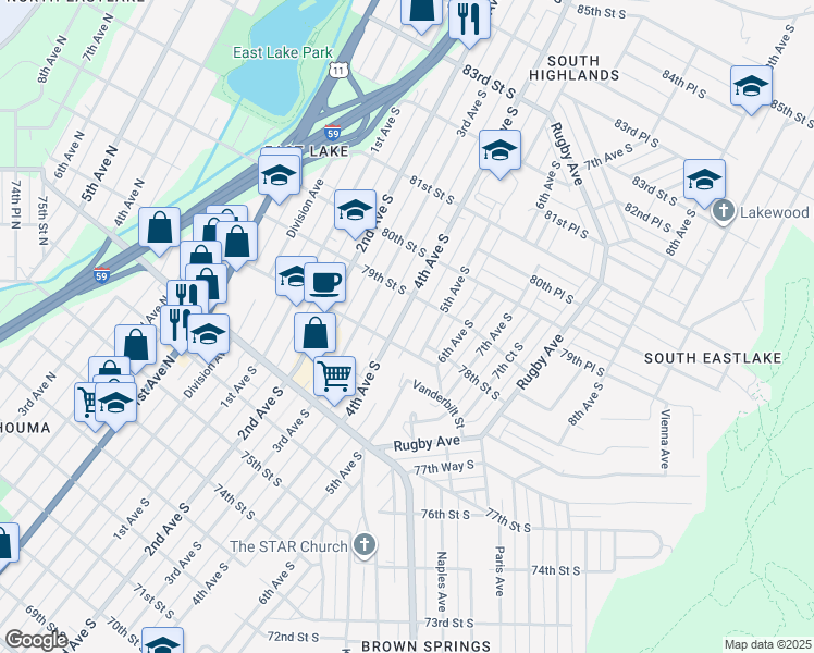 map of restaurants, bars, coffee shops, grocery stores, and more near 7817 4th Avenue South in Birmingham