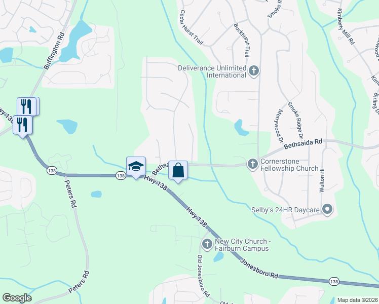 map of restaurants, bars, coffee shops, grocery stores, and more near 7172 Joshua Way in Fairburn