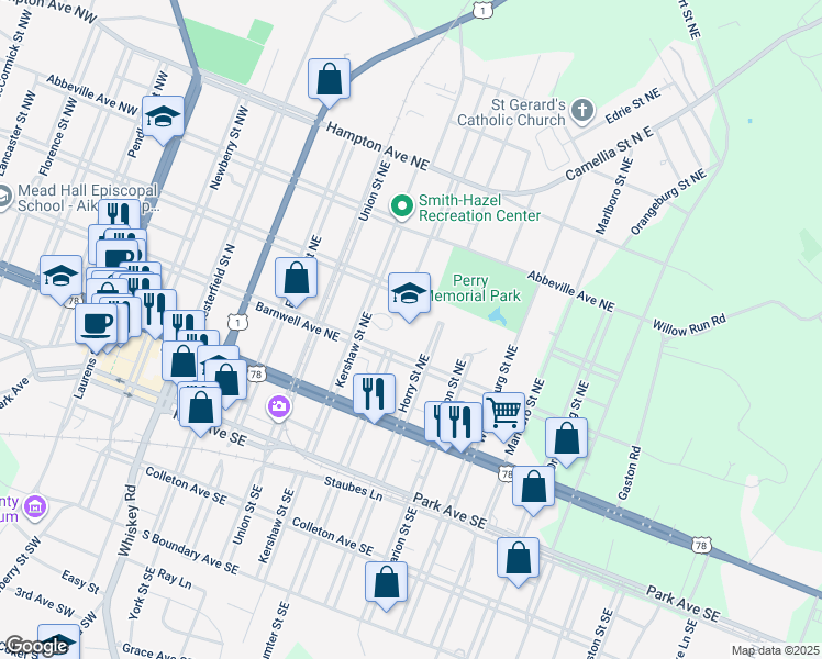 map of restaurants, bars, coffee shops, grocery stores, and more near 224 Kershaw Street Northeast in Aiken