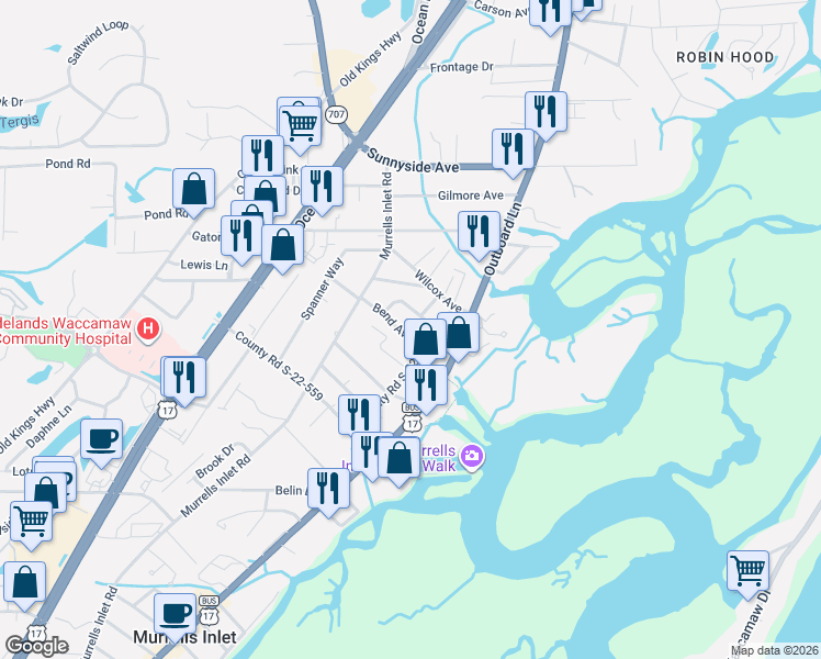 map of restaurants, bars, coffee shops, grocery stores, and more near 491 Greenbriar Lane in Murrells Inlet
