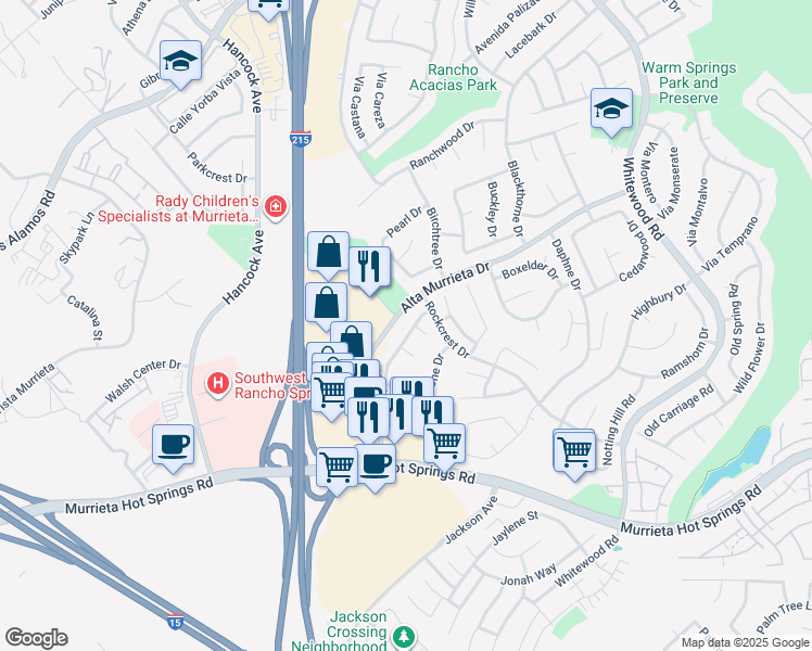 map of restaurants, bars, coffee shops, grocery stores, and more near 25280 Shadescale Drive in Murrieta