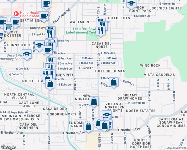 map of restaurants, bars, coffee shops, grocery stores, and more near 1130 East Butler Drive in Phoenix