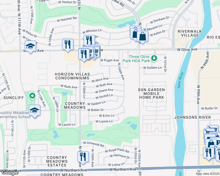 map of restaurants, bars, coffee shops, grocery stores, and more near 10448 W Diana Ave in Peoria