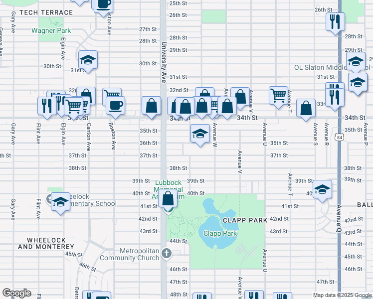 map of restaurants, bars, coffee shops, grocery stores, and more near 2315 36th Street in Lubbock