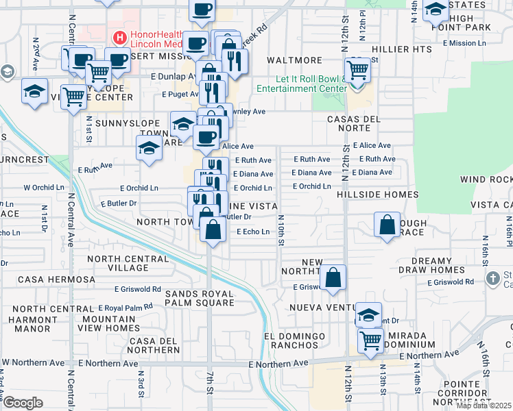 map of restaurants, bars, coffee shops, grocery stores, and more near 837 East Seldon Lane in Phoenix