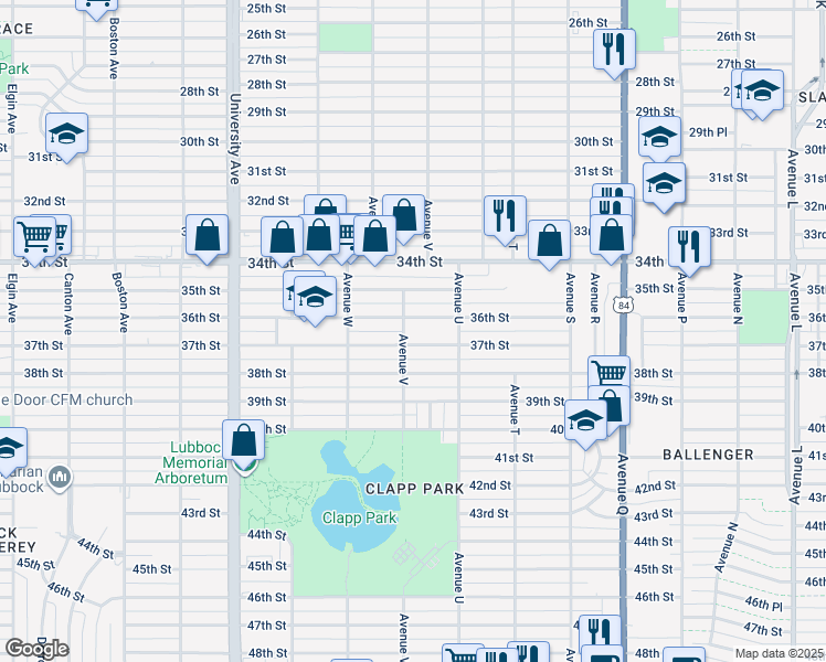 map of restaurants, bars, coffee shops, grocery stores, and more near 2115 36th St in Lubbock