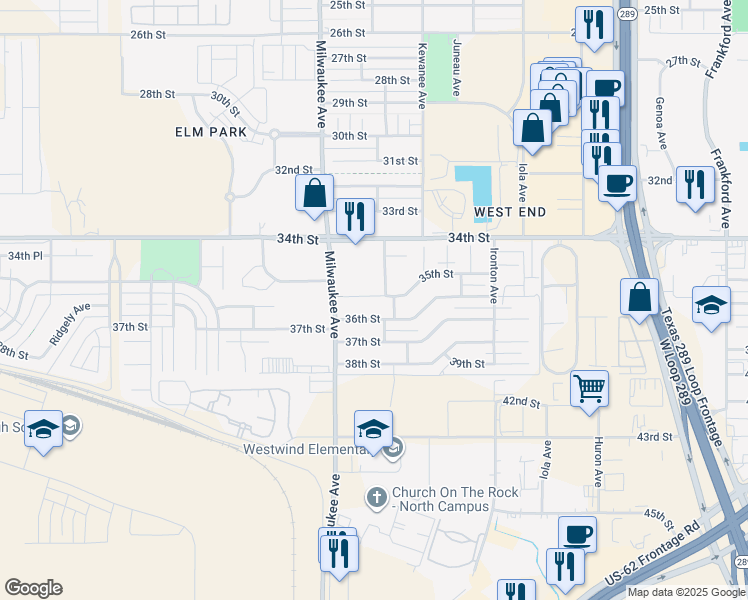 map of restaurants, bars, coffee shops, grocery stores, and more near 6409 35th Street in Lubbock