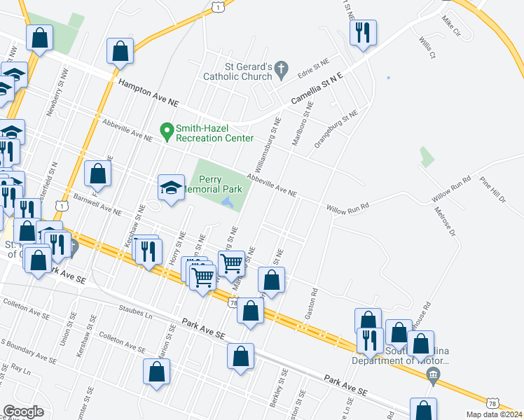 map of restaurants, bars, coffee shops, grocery stores, and more near 311 Marlboro Street Northeast in Aiken