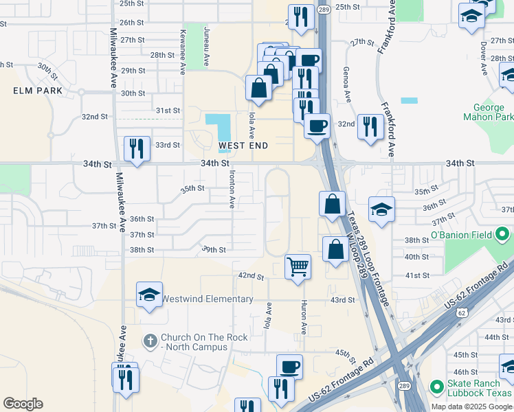 map of restaurants, bars, coffee shops, grocery stores, and more near 6103 36th Street in Lubbock