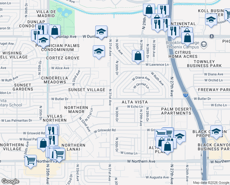 map of restaurants, bars, coffee shops, grocery stores, and more near 8518 N 30th Dr in Phoenix