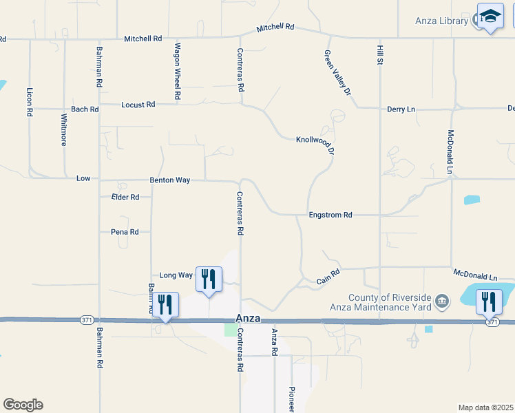 map of restaurants, bars, coffee shops, grocery stores, and more near 38500 Contreras Road in Anza