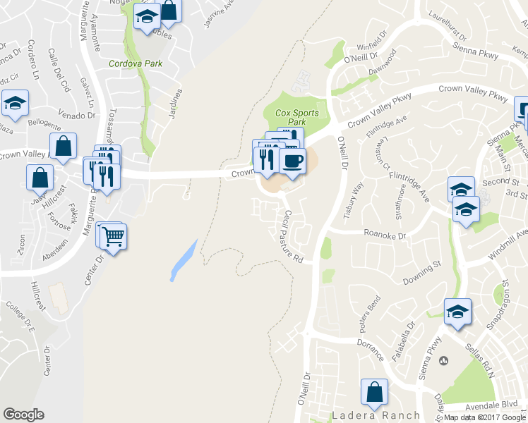 map of restaurants, bars, coffee shops, grocery stores, and more near 66 Garrison Loop in Ladera Ranch