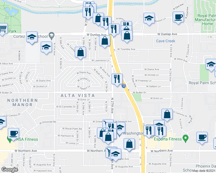 map of restaurants, bars, coffee shops, grocery stores, and more near 8515 North 27th Drive in Phoenix