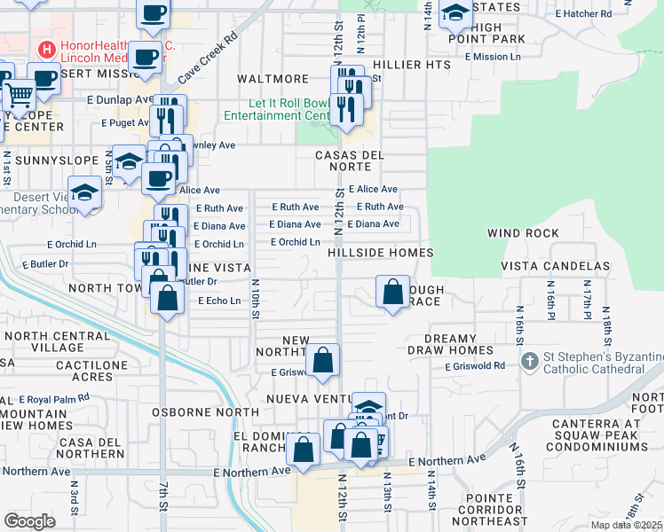 map of restaurants, bars, coffee shops, grocery stores, and more near 8518 North 12th Street in Phoenix