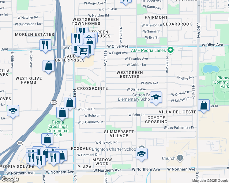 map of restaurants, bars, coffee shops, grocery stores, and more near 8821 West Diana Avenue in Peoria