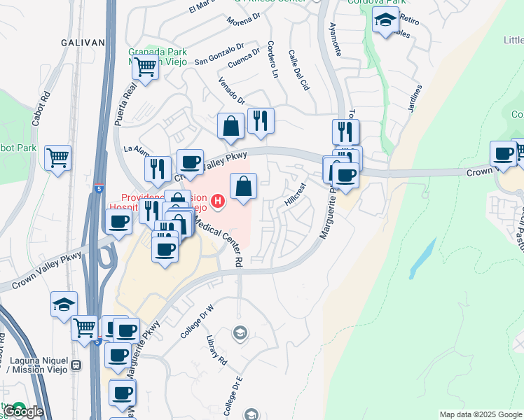 map of restaurants, bars, coffee shops, grocery stores, and more near 27683 Aquamarine in Mission Viejo