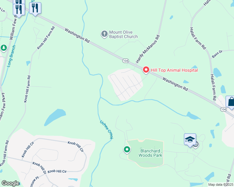 map of restaurants, bars, coffee shops, grocery stores, and more near 706 Creekside Drive in Evans