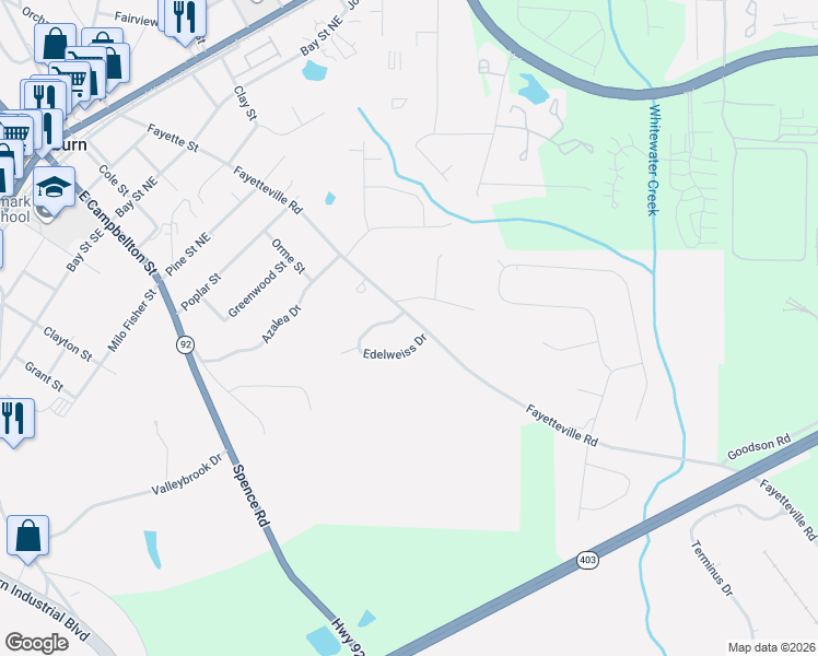 map of restaurants, bars, coffee shops, grocery stores, and more near 483 Fayetteville Road in Fairburn