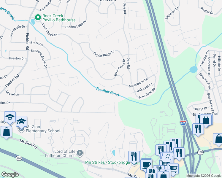 map of restaurants, bars, coffee shops, grocery stores, and more near 3383 Mosswood Lane in Rex