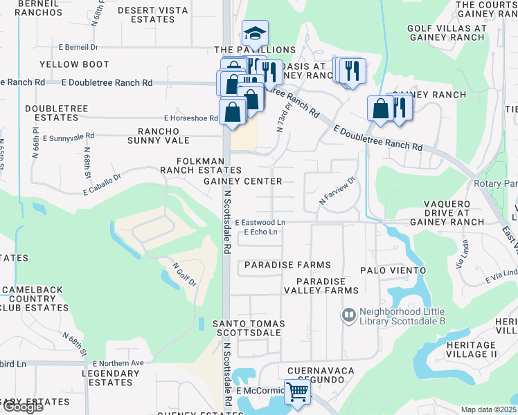 map of restaurants, bars, coffee shops, grocery stores, and more near 7284 East Vaquero Drive in Scottsdale