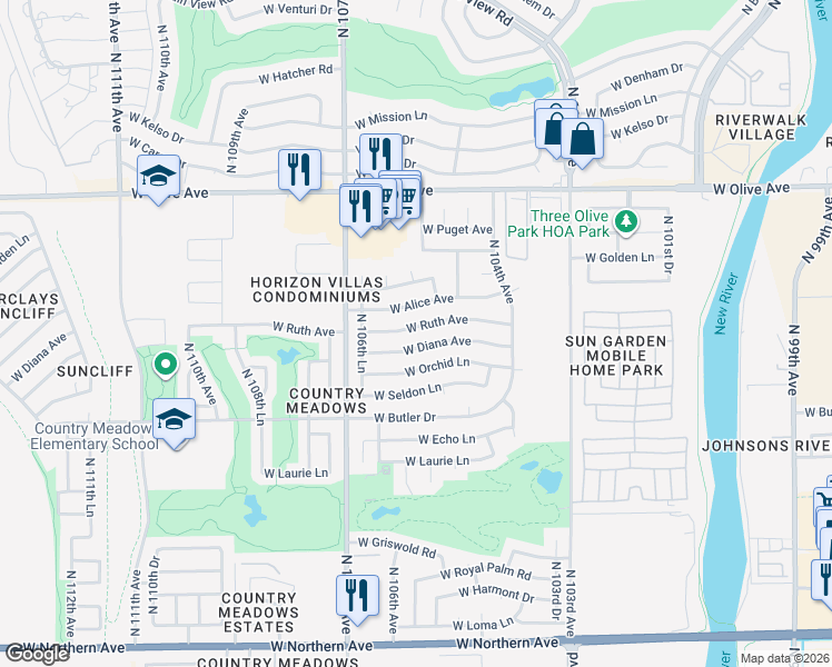 map of restaurants, bars, coffee shops, grocery stores, and more near 10539 West Ruth Avenue in Peoria